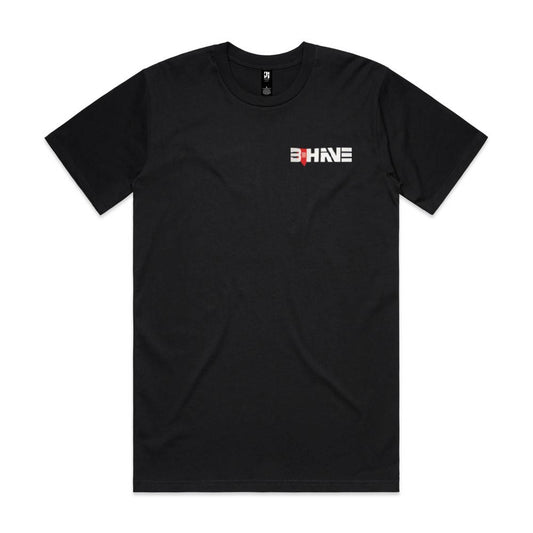 Black t-shirt with Behave logo on the chest against a white background