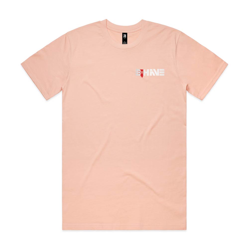 Pink t-shirt with Behave logo on the chest against a white background