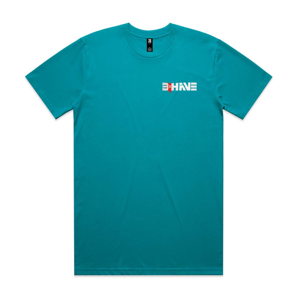 Teal t-shirt with Behave logo on the chest against a white background