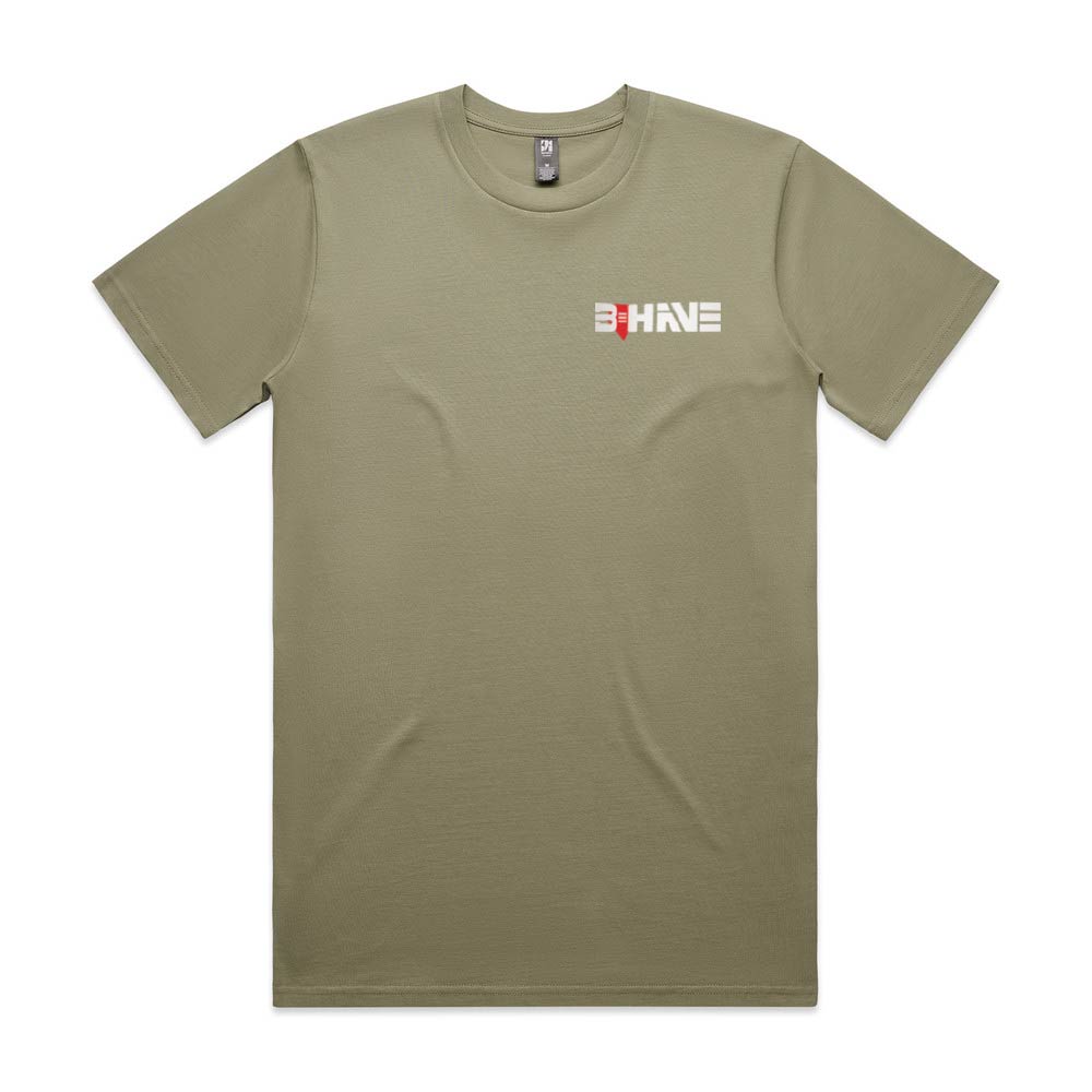 Olive green t-shirt with Behave logo on a white background