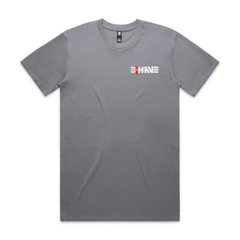 Grey t-shirt with Behave logo on the chest against a white background