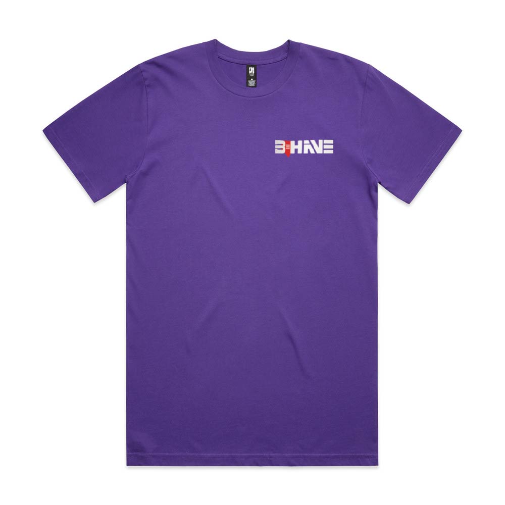 Purple t-shirt with Behave logo on the chest against a white background
