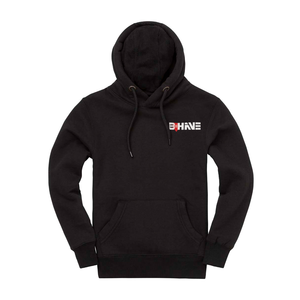 Black Core Hoodie with BEHAVE logo on the chest against a white background