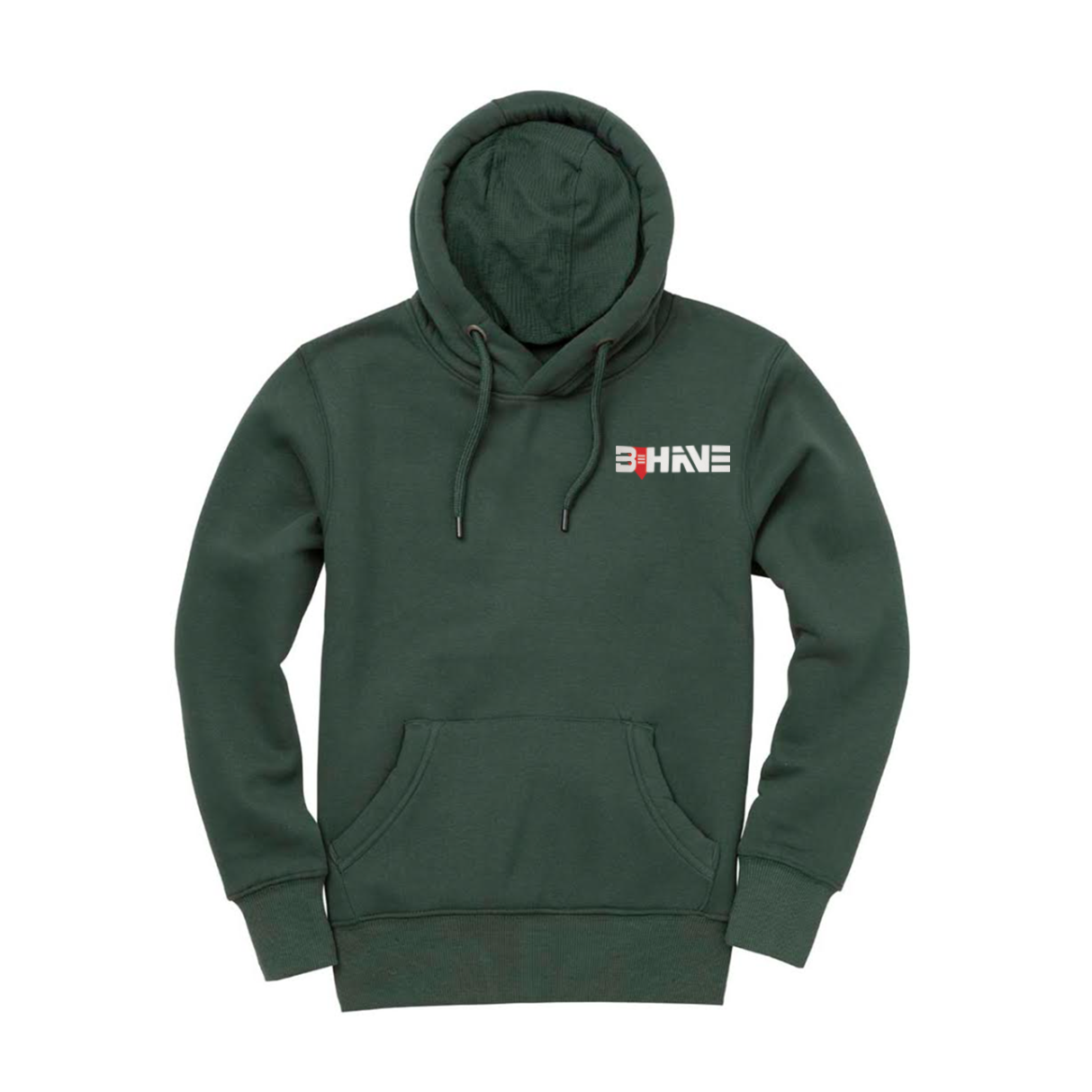 Green Core Hoodie with BEHAVE logo on the chest against a white background