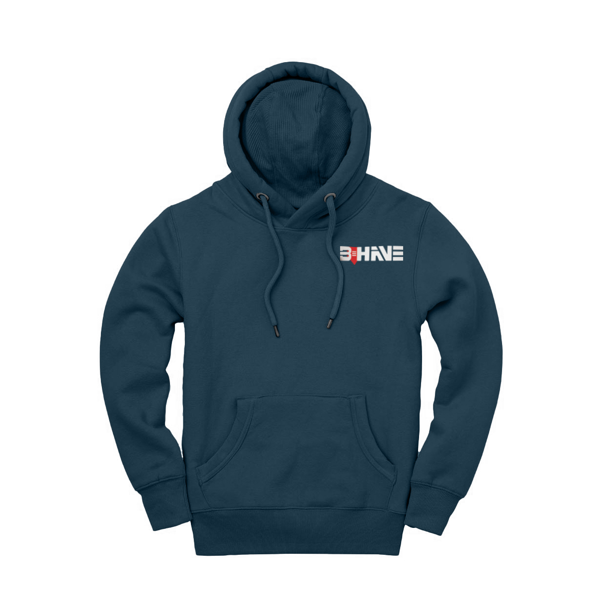 Blue Core Hoodie with BEHAVE logo on the chest against a white background