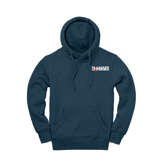 Blue Core Hoodie with BEHAVE logo on the chest against a white background